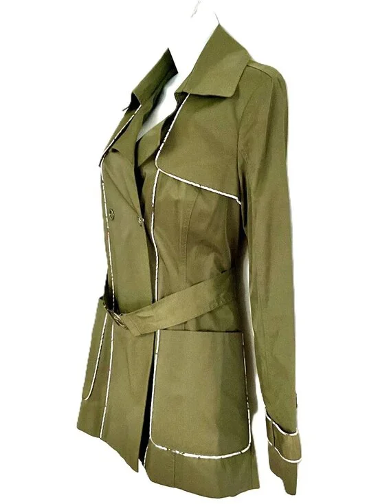 Guess Belted Trench Jacket Olive Green Cotton Blend Size M - Picture 2 of 13
